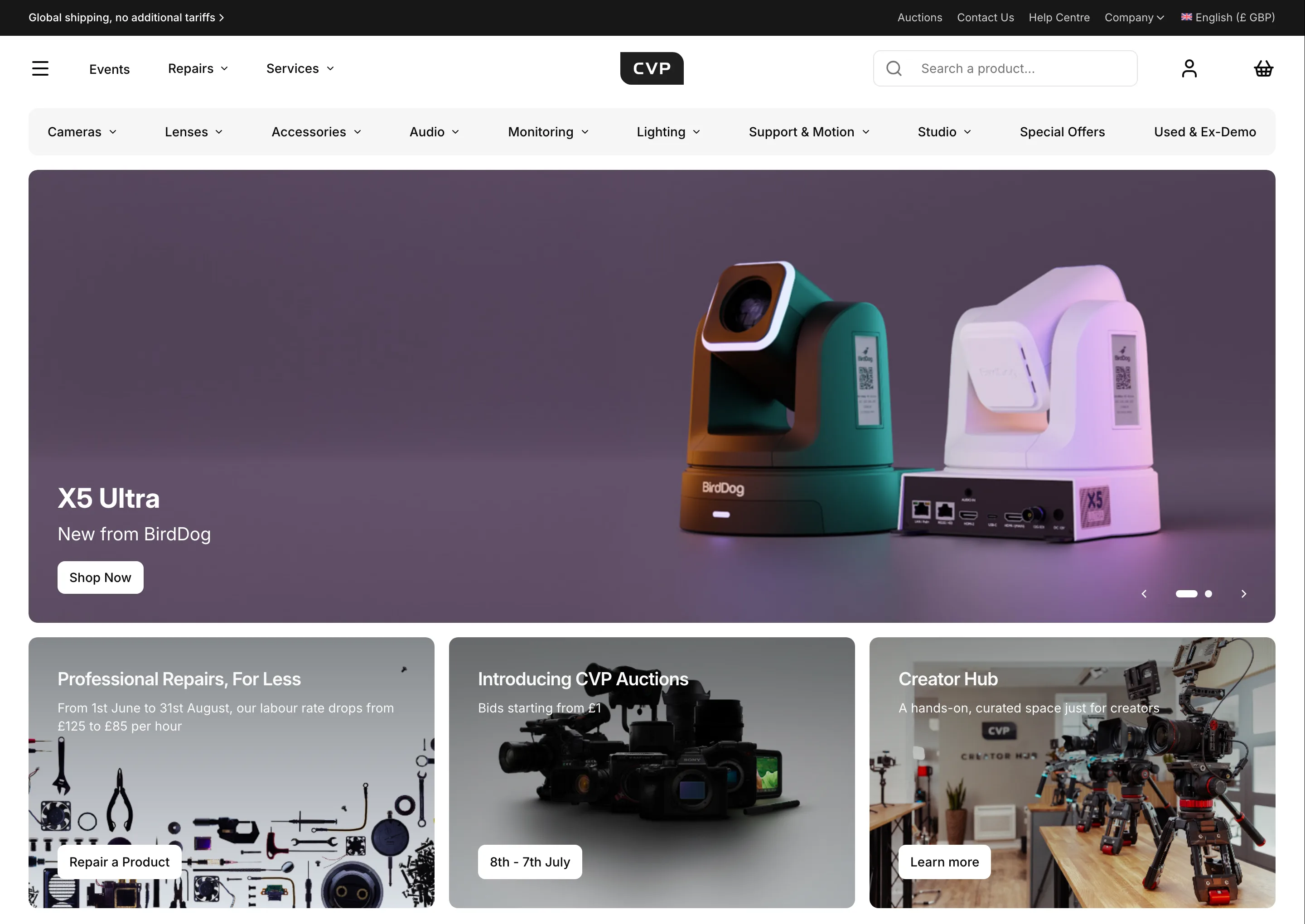 The redesigned cvp.com homepage: header, department menu, hero carousel and promotional tiles