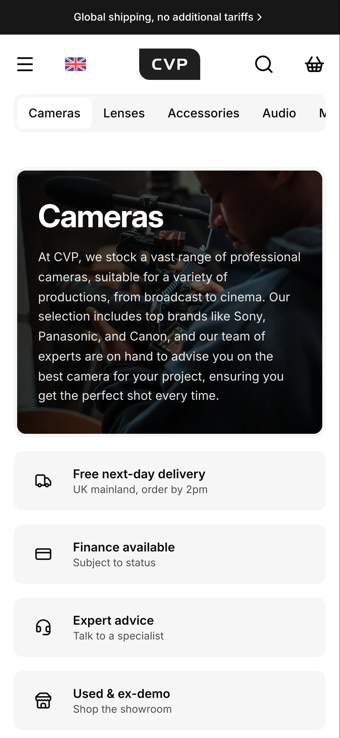 Cameras department page on mobile