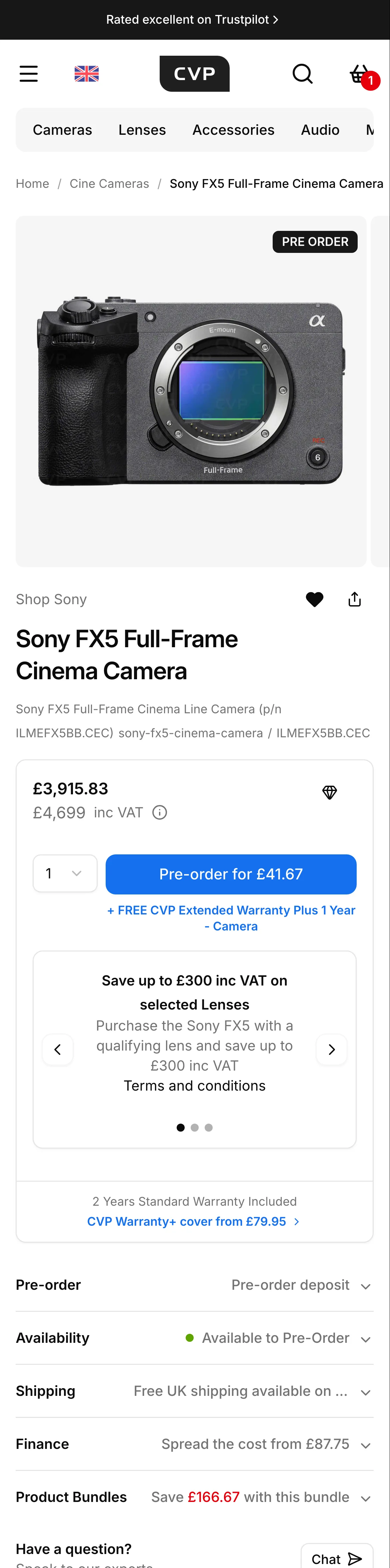 Sony FX5 product page on mobile