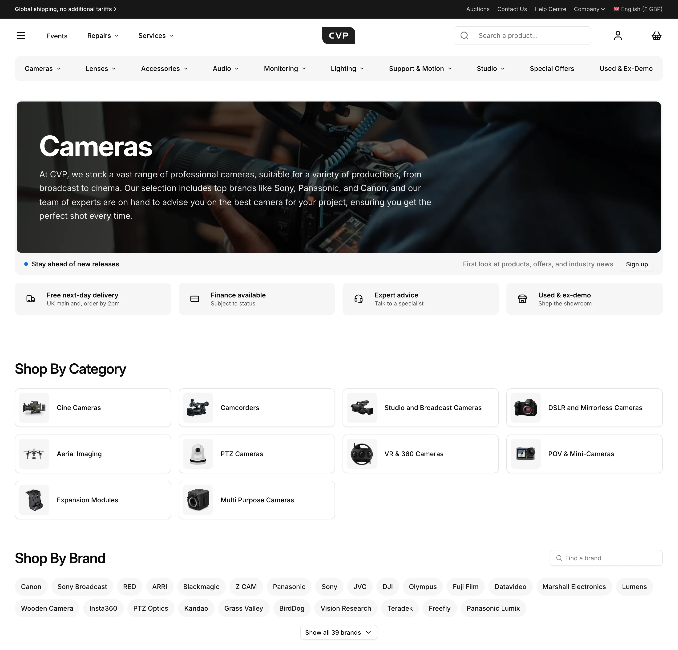 The Cameras department page: hero, promise chips, category directory, brand chips and trending rail