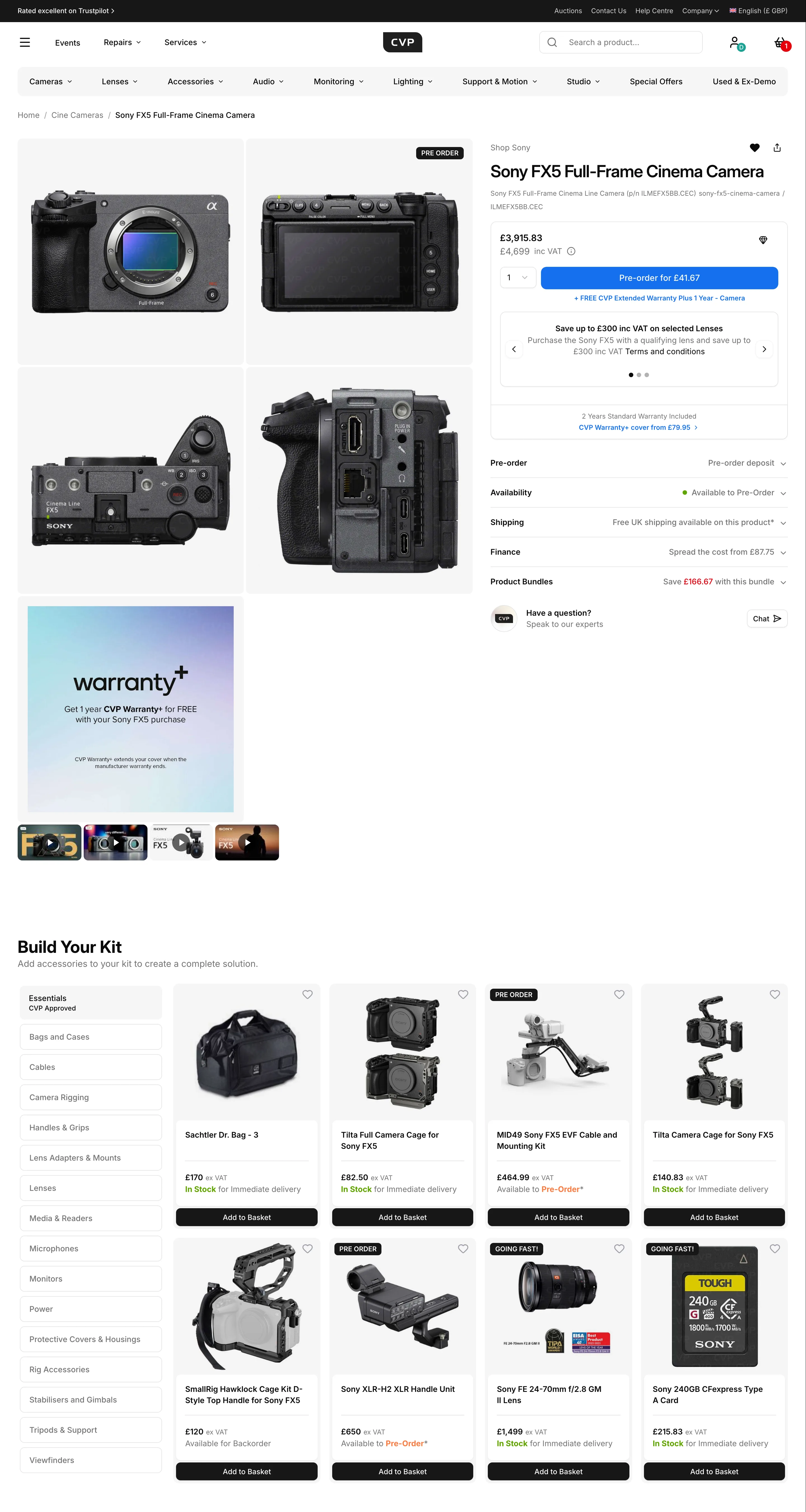 Sony FX5 product page: gallery, price, warranty, finance and availability beside Add to Basket